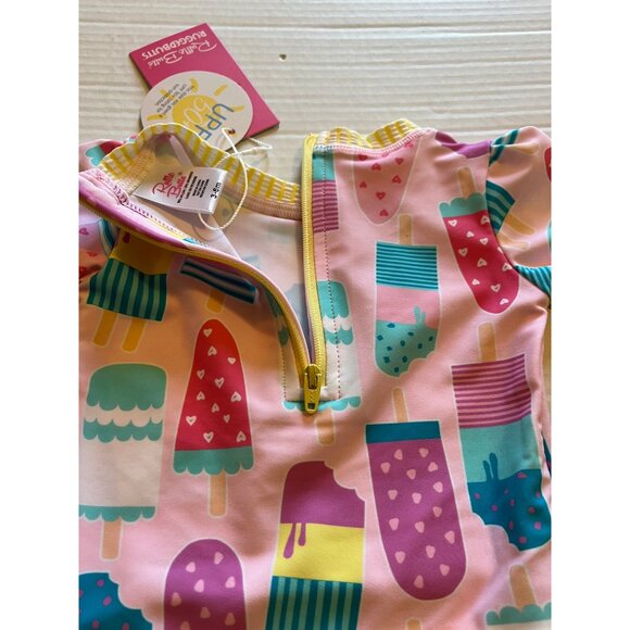 Ruffle Butts Baby Girls UPF 50+ Pink Ice Cream Print Long Sleeve Swimsuit - Picture 6 of 12